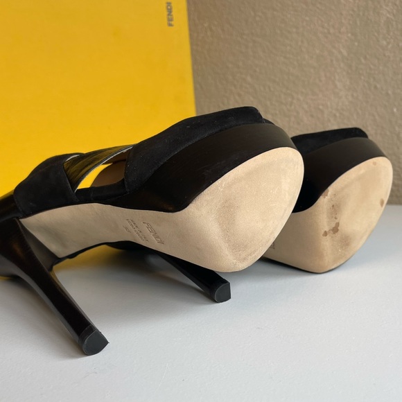 FENDI | SUEDE & LEATHER PLATFORM HEEL PEEP TOE SHOE SANDAL - NIB - Picture 10 of 13